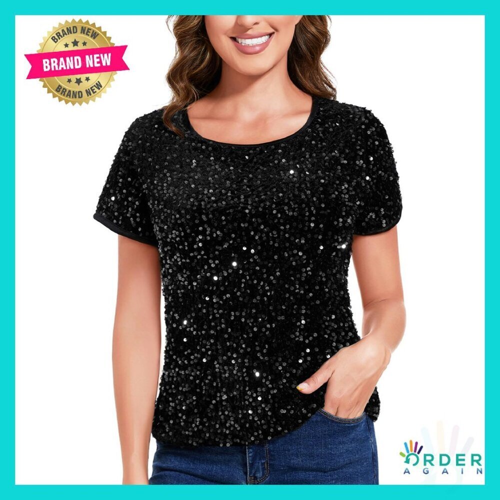Sparkly Sequin Velvet Top Short Sleeve Crew Neck Blouse Party Glam